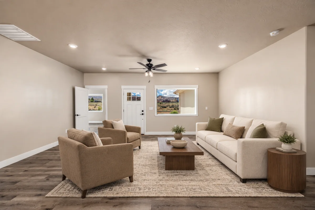 Digitally staged illustration of a living room with virtual furniture